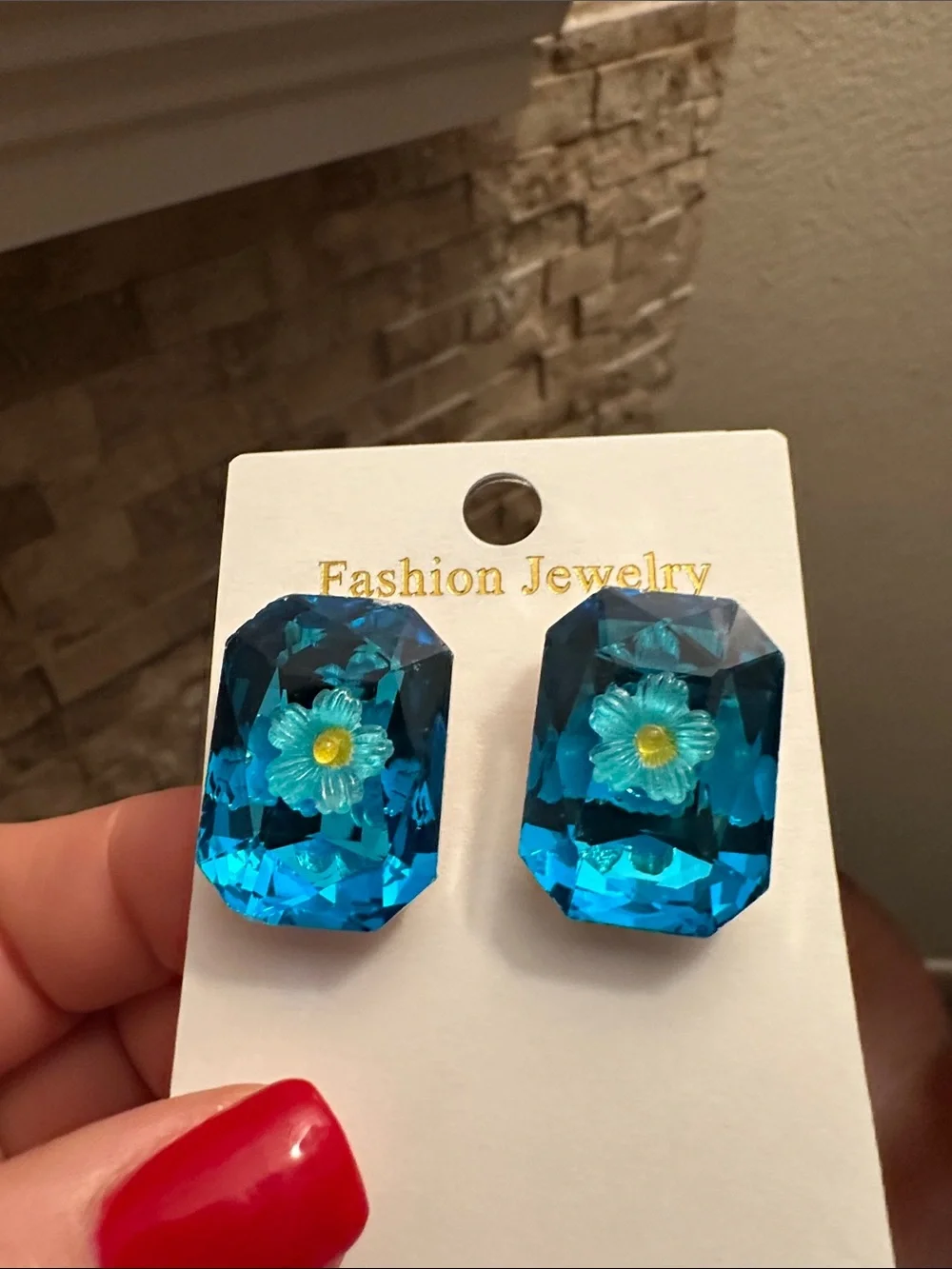 Fashion Jewelry Teal Blue Faceted Floral Stud Earrings